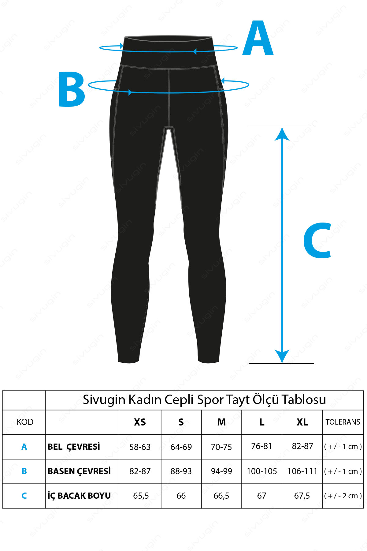 Sivugin Yüksek Belli Kadın Spor Tayt Ölçü Tablosu