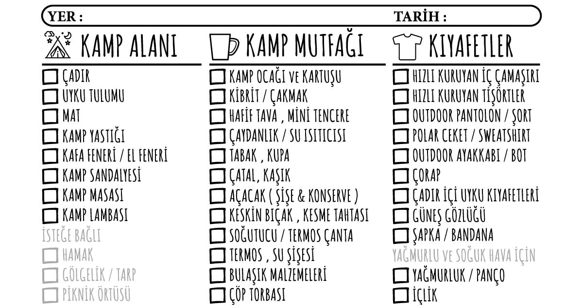 Kamp malzemeleri Listesi Pdf